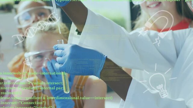 Instructor lifting test tube, using pipette in science lab, sparking curiosity with DNA overlays