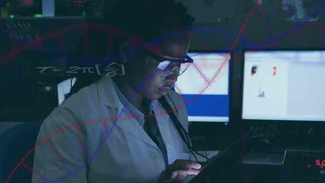 Lab researcher tapping tablet causing DNA and formula overlays, glancing monitors, reviewing data