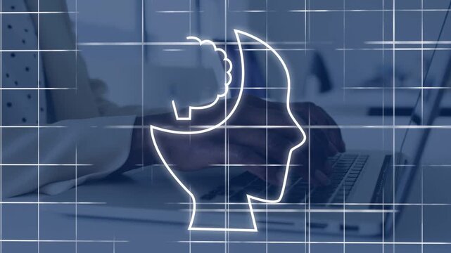 Woman typing on laptop initiating neon grid overlay line drawing head while plug placing AI brain