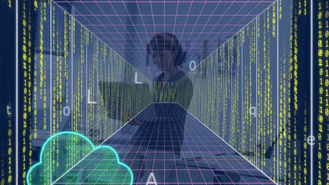 Woman holding tablet at table, grid projecting and animating clouds over tablet showing cloud data