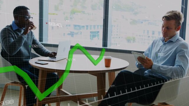 Left man typing on laptop, driving green graph moving over table while peer viewing business data
