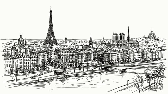 A detailed black and white sketch of the Paris skyline, featuring the Eiffel Tower, Notre Dame Cathedral, and the Seine River.