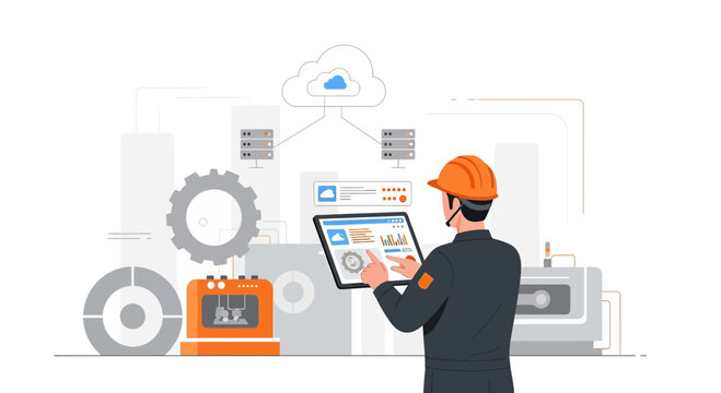 Technician with Tablet Controlling Industrial Automation System and Cloud Computing