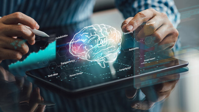 Ethical AI and Responsible Artificial Intelligence concept. Businessman using tablet with holographic brain and AI ethics keywords interface.