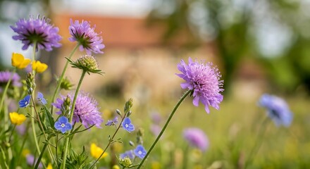 Fototapeta premium Wild Meadow Flowers with Purple and Yellow Blooms in Natural Light