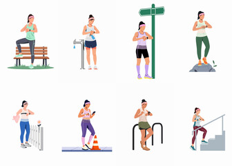 Fototapeta premium Flat Vector Illustration Set of Active Women Checking Smartwatches During Outdoor Workouts in Various Urban and Nature Settings