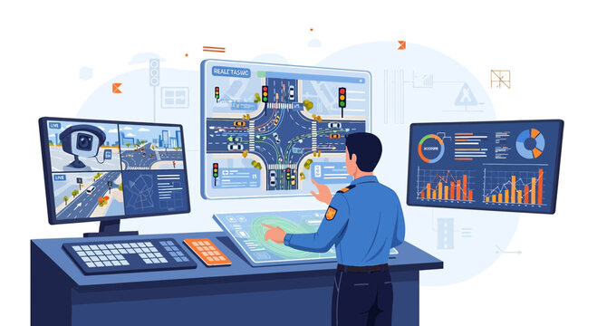 Traffic Control Center: Officer Monitoring Urban Traffic Flow on Screens