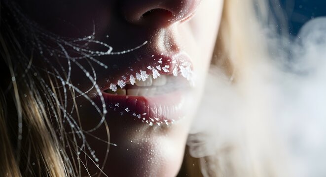 Close-up of lips with frost and steam