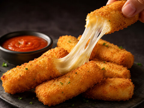Palitos de mussarela empanados com queijo derretido e molho de tomate