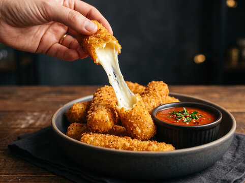 Palitos de mussarela empanados com queijo derretido e molho de tomate