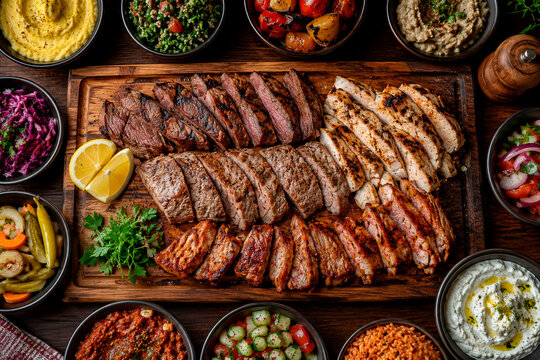 T&aacute;bua farta de carnes grelhadas com saladas e acompanhamentos