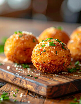 Sicilian arancini on rustic wooden board, golden crispy crust, parmesan dusting, fresh herbs, appetizing Italian snack, tasty food