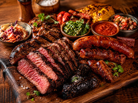 T&aacute;bua de churrasco brasileiro com carnes grelhadas e acompanhamentos