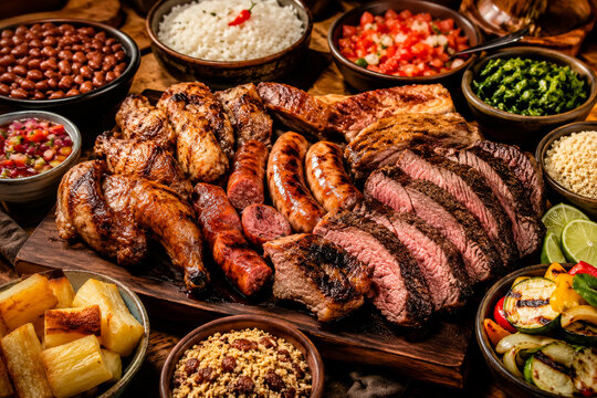 T&aacute;bua de churrasco brasileiro com carnes grelhadas e acompanhamentos
