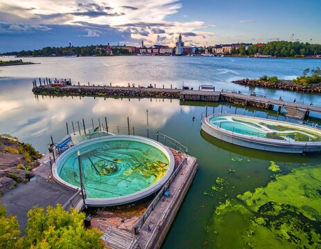 Outdoor pools by city harbor