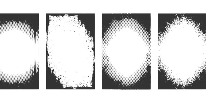 Black and white distressed grunge border frames with halftone dots and rough edge textures vector illustration.