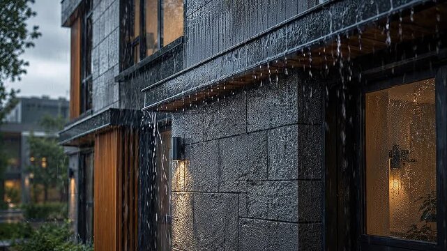 Urban climate adaptation rainy exterior of modern stone house and apartment facade with warm window light wet textured stone facade and moody