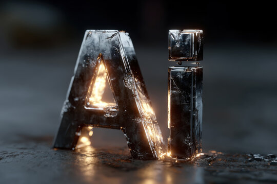 Futuristic AI Logo in Chrome Metal. A 3D render of the letters "AI" as a logo, depicted in highly detailed, futuristic chrome and metallic textures.