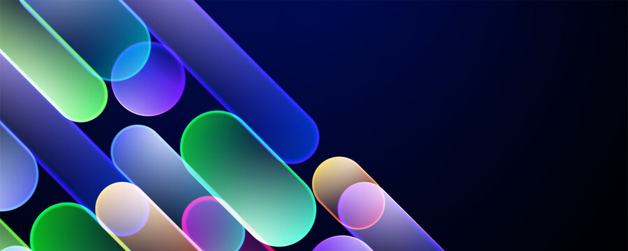 Abstract glassmorphism neon capsules on a dark background