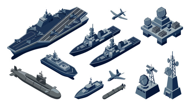 Isometric Military Navy Technology Set with Aircraft Carrier, Battleships, Submarine, Drone, and Radar Defense Systems.