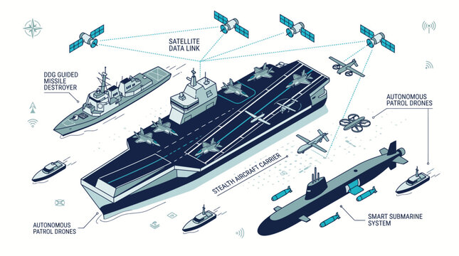 Isometric Military Navy Technology Infographic with Stealth Aircraft Carrier, Satellite Data Link, Guided Missile Destroyer, and Autonomous Drones.