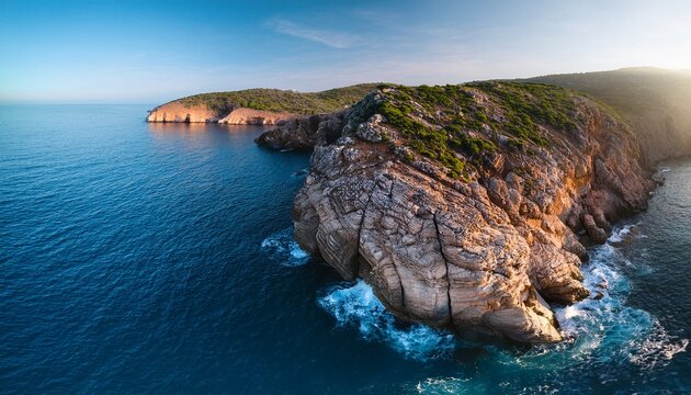 drone aerial top view of a cliff landscape with sea blue water