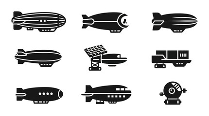 Vector Icons Set: Retro Airships, Zeppelins, and Futuristic Blimps for Transportation and Technology Concepts © Sathi