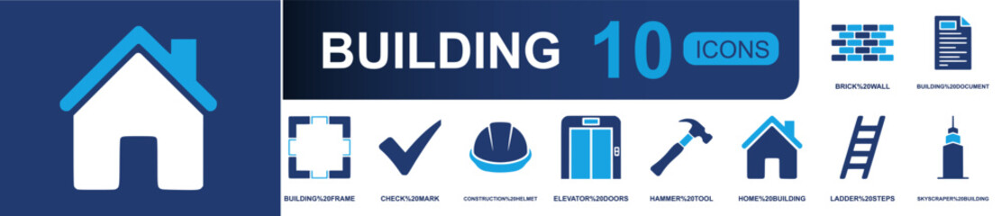 Building icon set containing brick wall, building document, frame, check mark, construction helmet, elevator doors, hammer tool, ladder steps, skyscraper and more, solid fill vector icons. © Mellisa