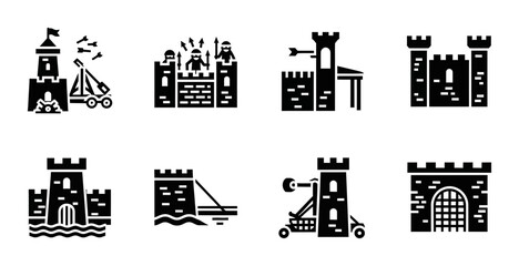 Medieval Castle Icons, Fortress Symbols, Fortifications Vector Set, Royal Architecture Graphics, Siege Weapon Illustrations, Historical Building Elements © Sathi
