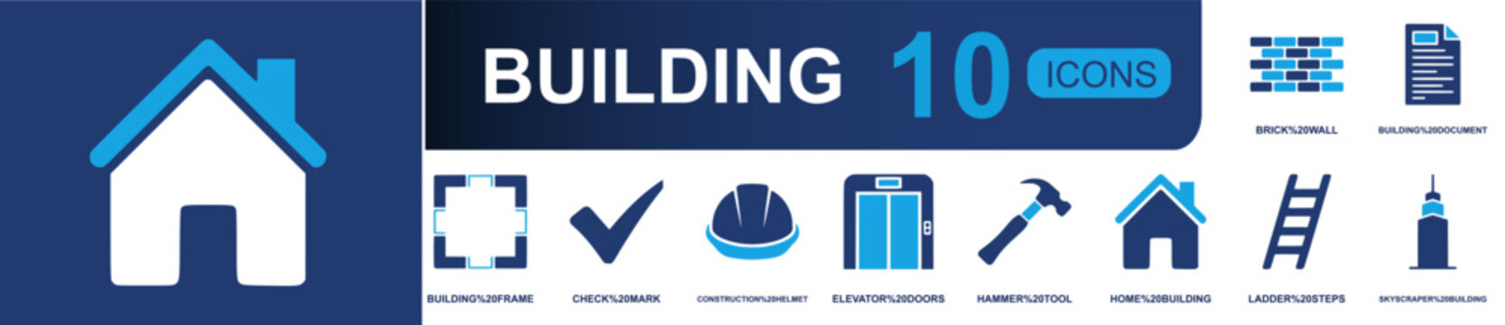 Building icon set containing brick wall, building document, frame, check mark, construction helmet, elevator doors, hammer tool, ladder steps, skyscraper and more, solid fill vector icons.