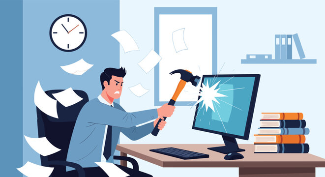 Stressed office worker destroying computer with hammer in state of extreme work frustration and mental burnout crisis.