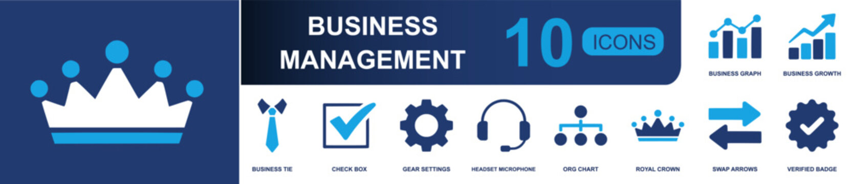 Business management icon set. Containing business tie, check box, gear settings, headset microphone, org chart, royal crown, swap arrows, verified badge and more. Solid fill vector icons.