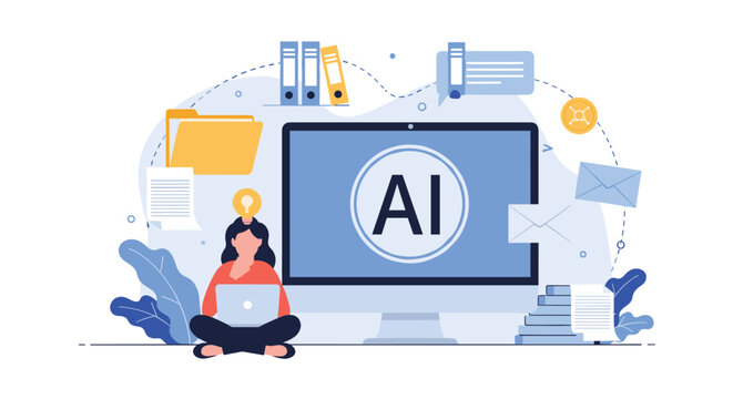 Female programmer sits with her laptop in front of a large monitor displaying artificial intelligence and technology concepts.