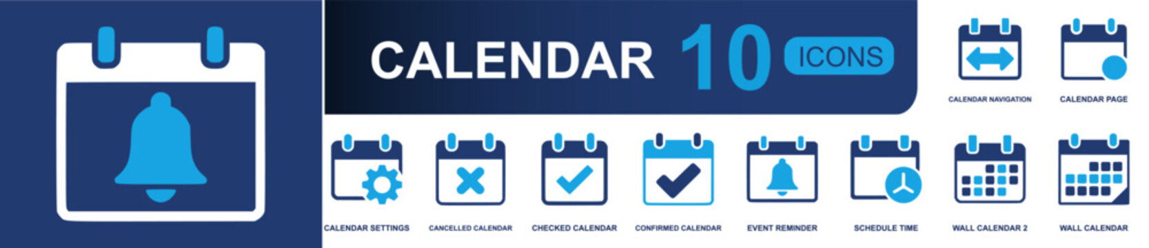 Calendar icon set containing navigation, calendar page, settings, canceled date, checked date, confirmed date, reminder bell, schedule time, wall calendar and more, solid fill vector icons.
