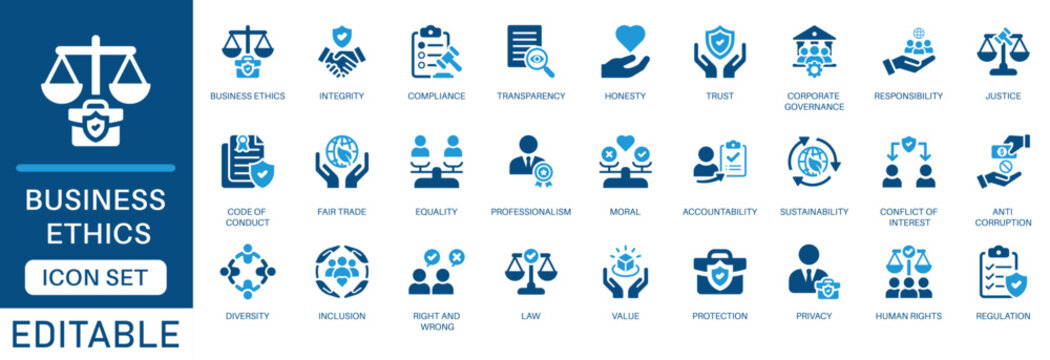 Business ethics icon set. featuring integrity, compliance, corporate governance, justice, and social responsibility in blue flat design.