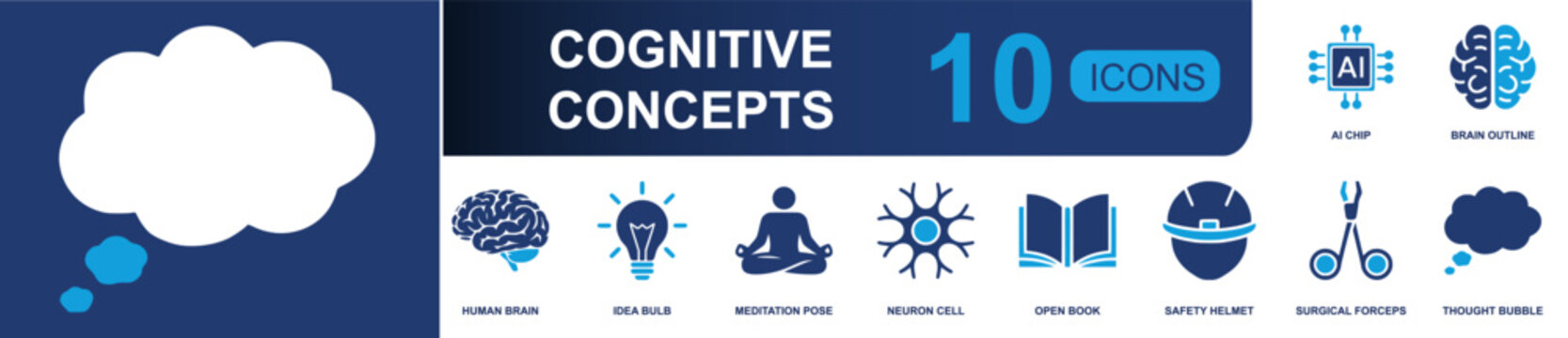 Cognitive concepts icon set. Containing AI chip, brain outline, human brain, idea bulb, meditation pose, neuron cell, open book, safety helmet, forceps and more. Solid fill vector icons.