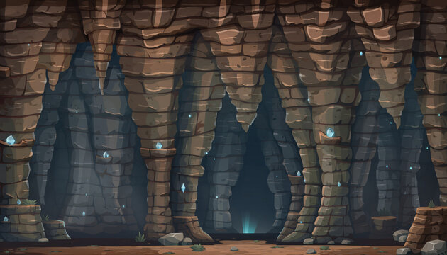 Deep cave platform tiles with layered rock strata, subtle glowing crystals, and earthy brown tones for a 2D game background