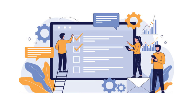 Diverse team of professionals work together to complete a giant digital to-do list and check off tasks on a project board.