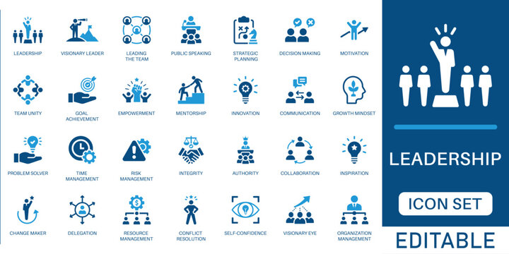 Leadership icon set. featuring organization management, visionary leaders, team unity, strategic planning, and professional mentorship symbols in a modern blue flat design.