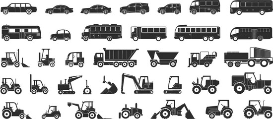 Collection of black silhouettes of various vehicles, including cars, buses, trucks, and construction equipment © Bappy