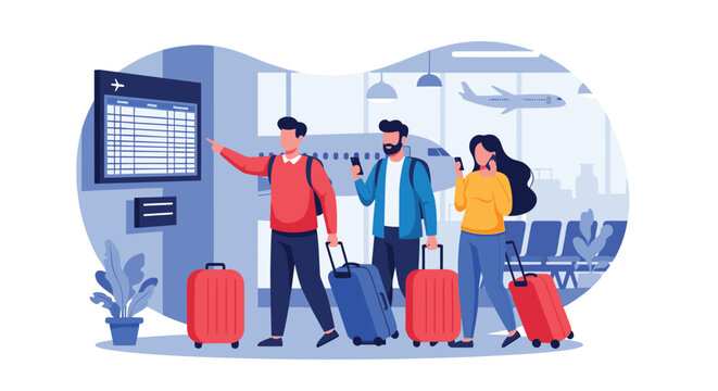 Travelers with colorful suitcases checking flight information on a departure board at a modern airport terminal building.