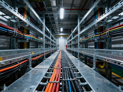 Organized industrial cable tray system with power cables and metallic conduits