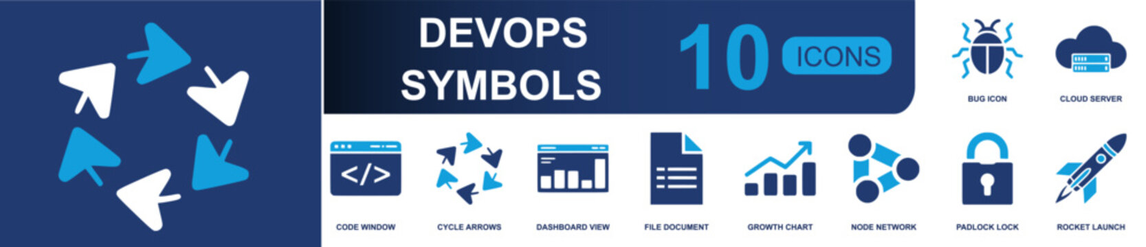 DevOps icon set. Containing bug icon, cloud server, code window, cycle arrows, dashboard view, file document, growth chart, node network, padlock lock and more. Solid fill vector icons.