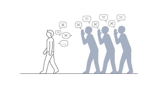 Bullying and harassment concept: person walking alone while others whisper and gossip behind their back