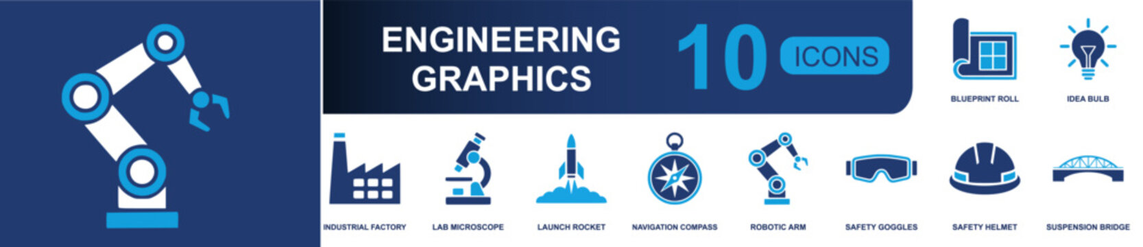 Engineering graphics icon set. Containing blueprint roll, idea bulb, factory, microscope, launch rocket, compass, robot arm, safety goggles, helmet and more. Solid fill vector icons.