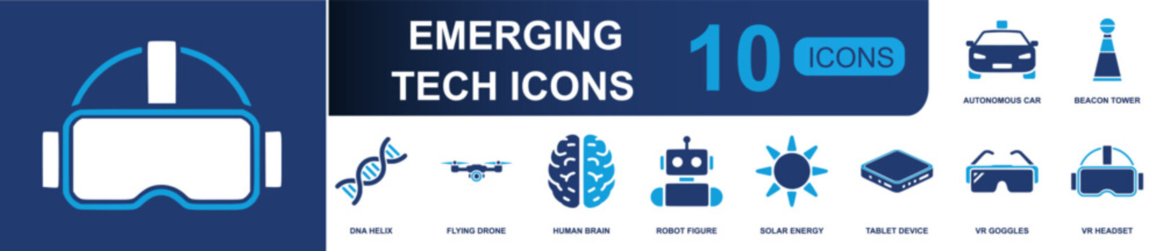 Emerging technology icon set. Containing autonomous car, beacon tower, DNA helix, flying drone, human brain, robot figure, solar energy, tablet, VR goggles and more. Solid fill vector icons.