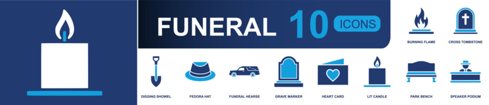 Funeral icon set. Containing burning flame, cross tombstone, digging shovel, fedora hat, funeral hearse, grave marker, heart card, lit candle, park bench and more. Solid fill vector icons.