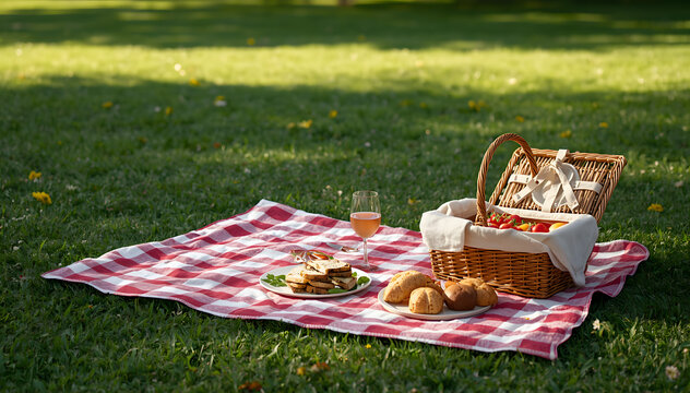 Picnic blanket with food and drink on grass