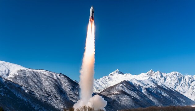 a rocket ascends into the clear blue sky as it leaves a trail of smoke behind snow capped mountains provide a stark contrast to the dynamic scene the launch occurs in bright daylight
