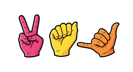 Fototapeta premium vibrant colorful hand gesture icons showing positive teamwork communication and friendly office catering event coordination with cheerful yellow pink fingers illustrating happy workplace interactions
